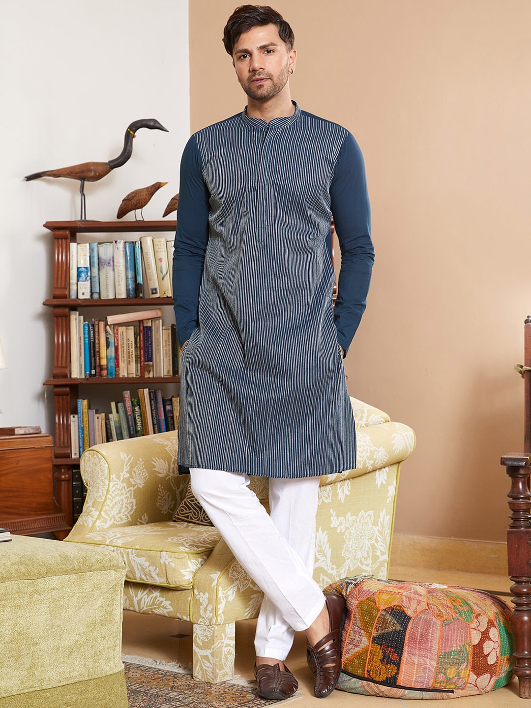 

See Designs Thread Work Gold Chanderi Silk Sequins Kurta, Teal