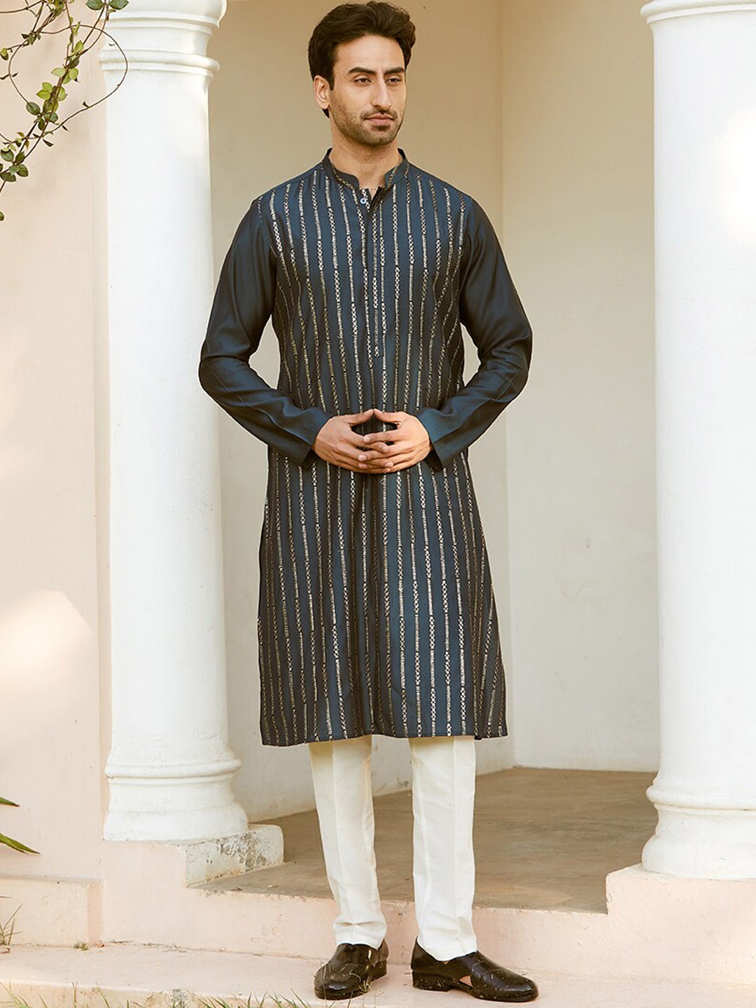 

See Designs Striped Woven Design Sequined Straight Kurta, Teal