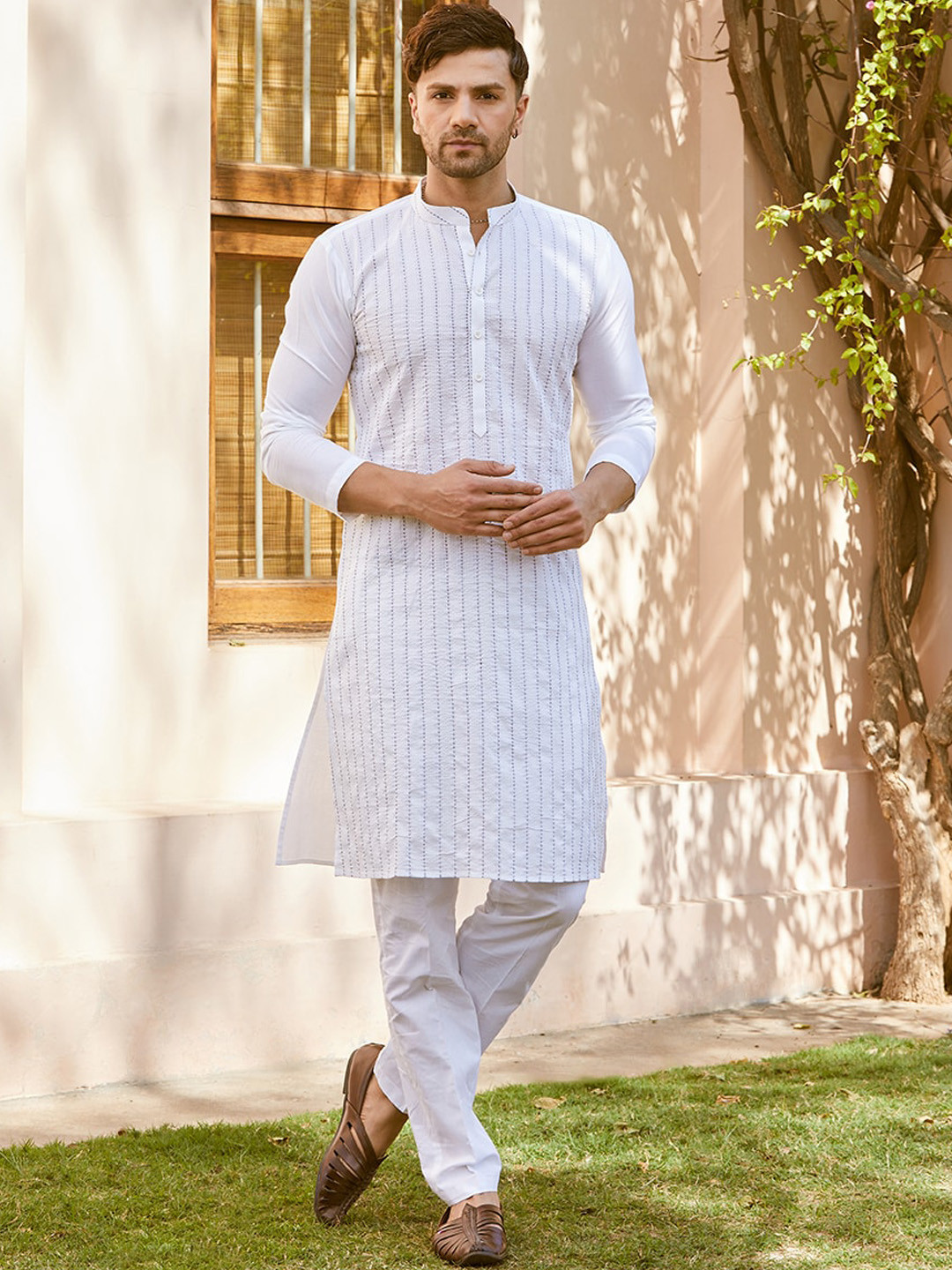

See Designs Striped Embroidered Mandarin Collar Thread Work Cotton Straight Kurta, White