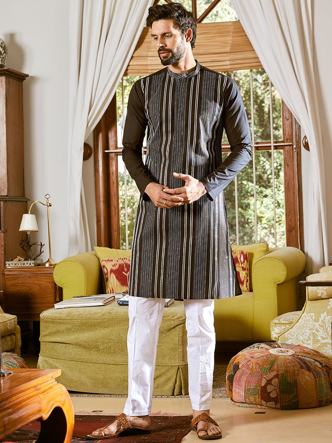 

See Designs Striped Thread Work Sequins Kurta, Black
