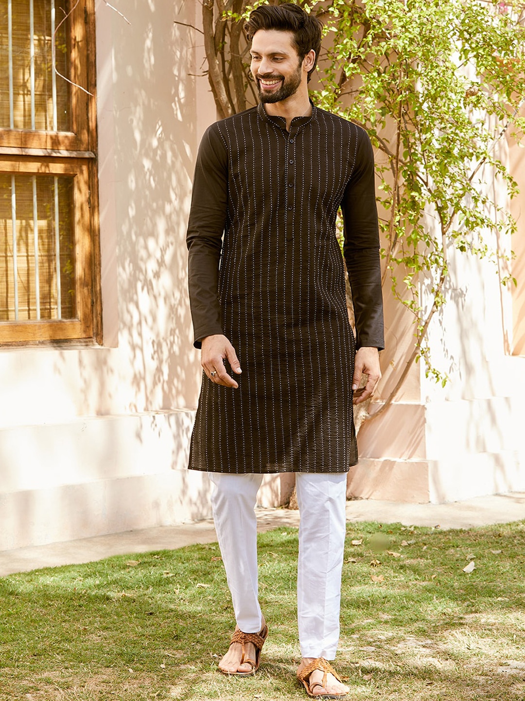 

See Designs Striped Embroidered Thread Work Cotton Straight Kurta, Black