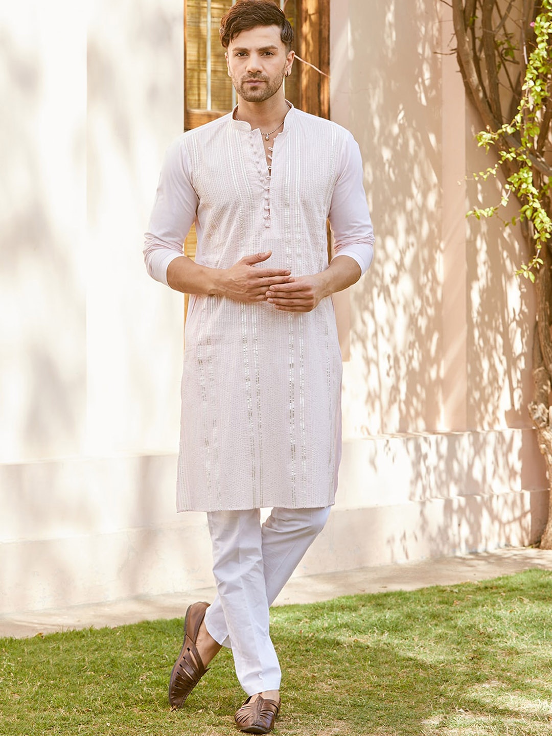 

See Designs Striped Printed Mandarin Collar Kurta, Pink