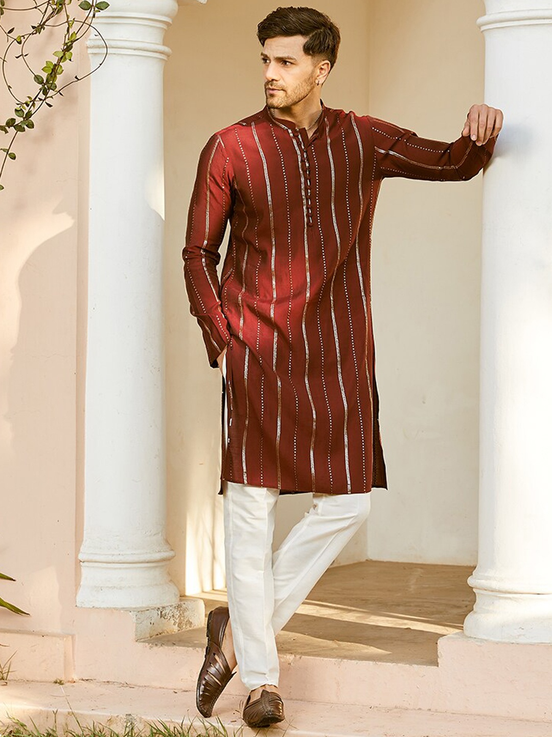 

See Designs Striped Embroidered Sequined Straight Kurta, Maroon