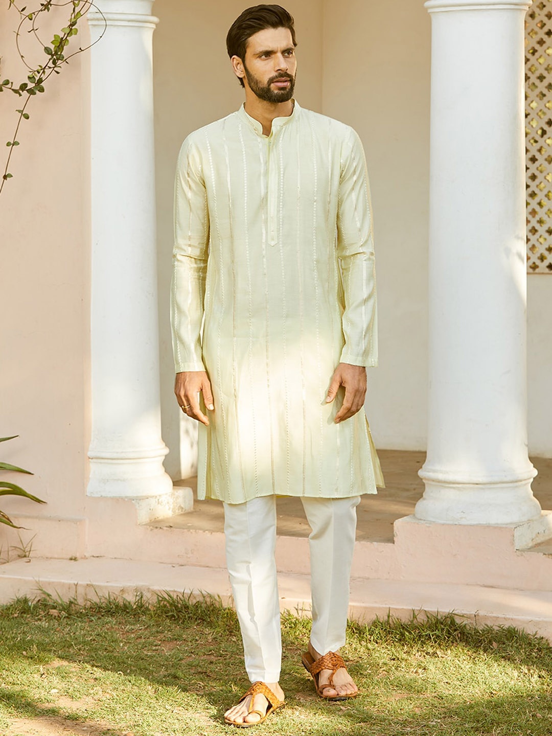 

See Designs Printed Mandarin Collar Chanderi Silk Kurta, Off white