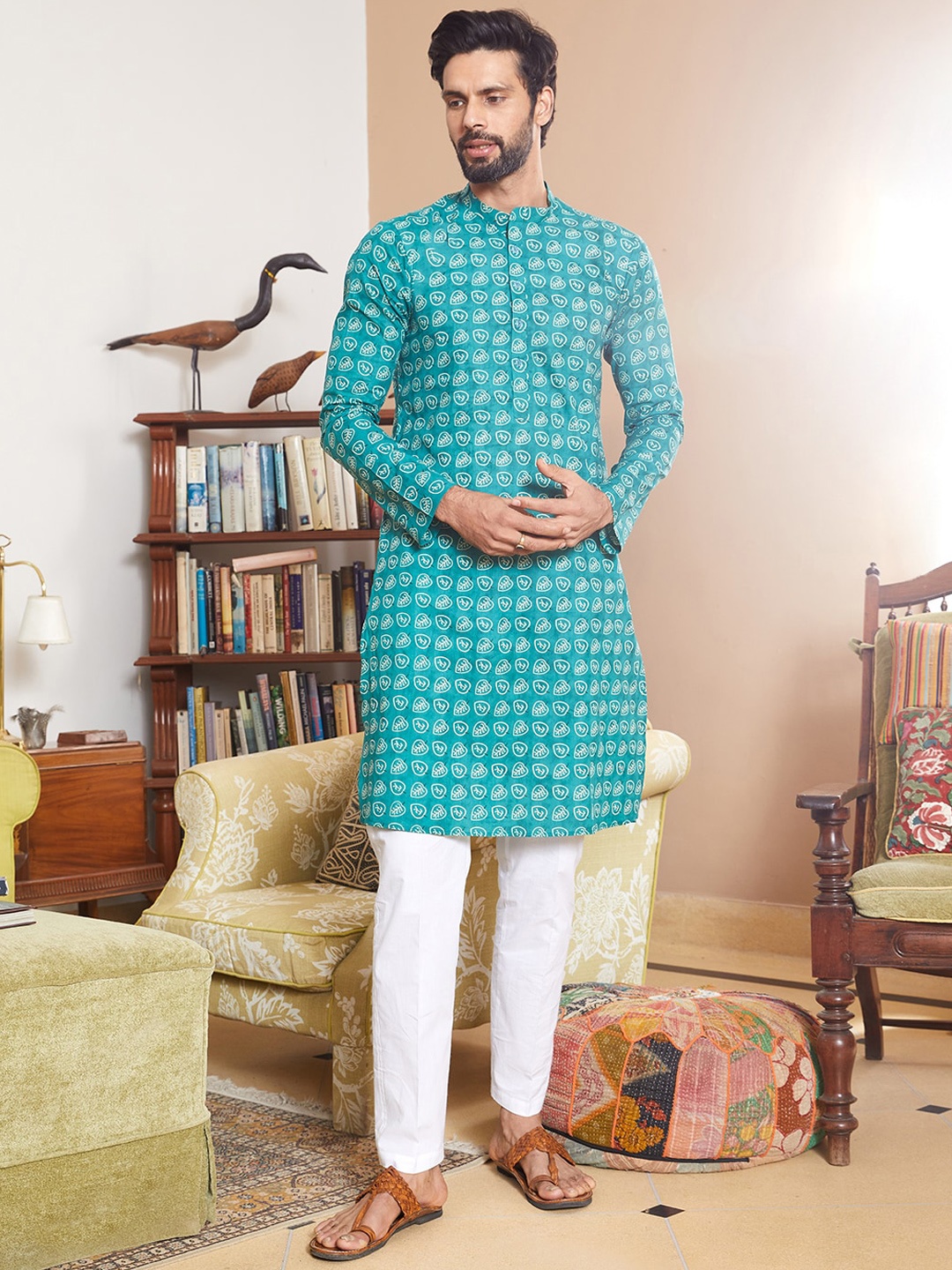 

See Designs Printed Cotton Mandarin Collar Kurta, Sea green