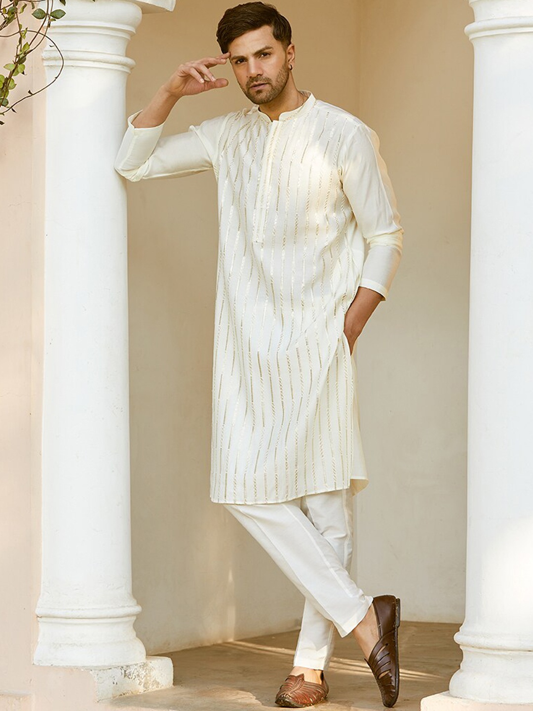 

See Designs Striped Embroidered Sequined Straight Kurta, Off white