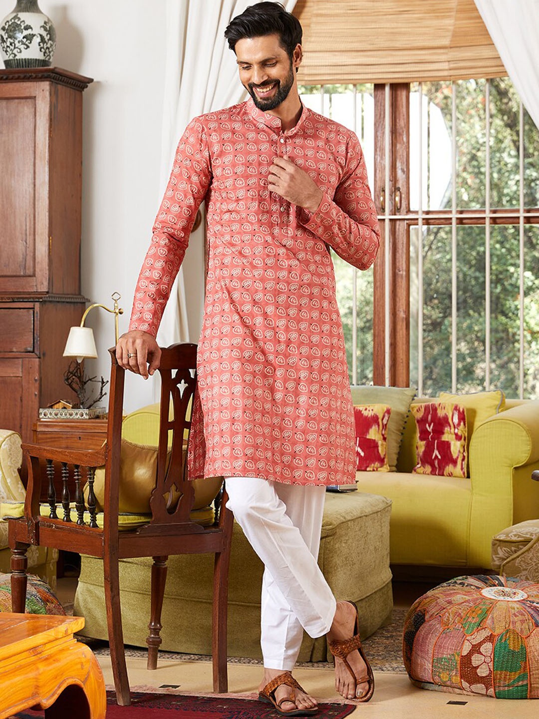 

Sanwara Printed Cotton Mandarin Collar Kurta, Pink