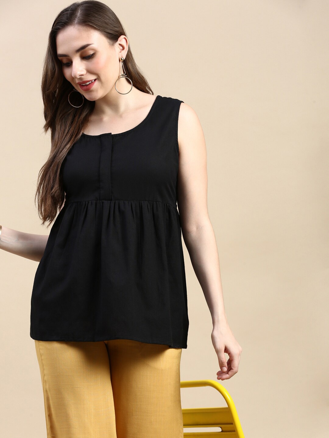 

De Moza Cotton Round Neck Sleeveless Casual Top, Black
