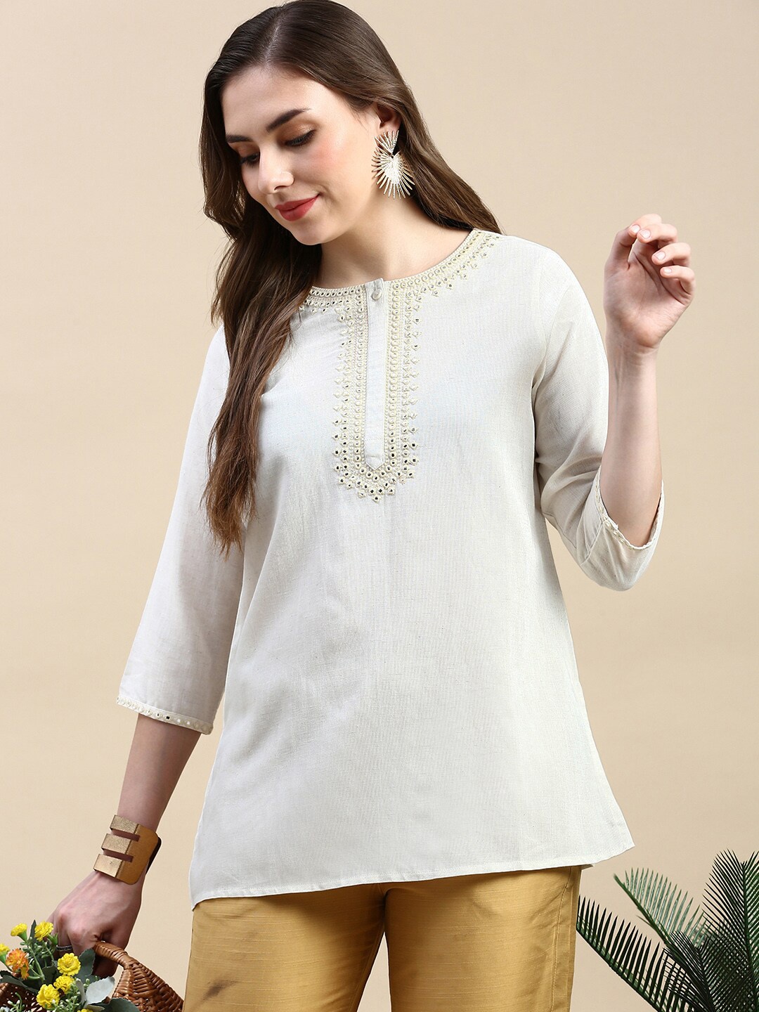 

De Moza Embroidered Round Neck Cotton Tunic, Off white