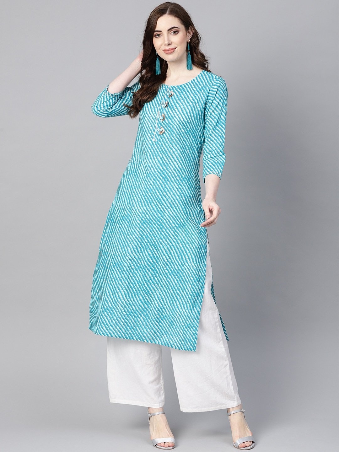 

KALINI Printed Keyhole Neck Thread Work Cotton A-Line Kurta, Blue