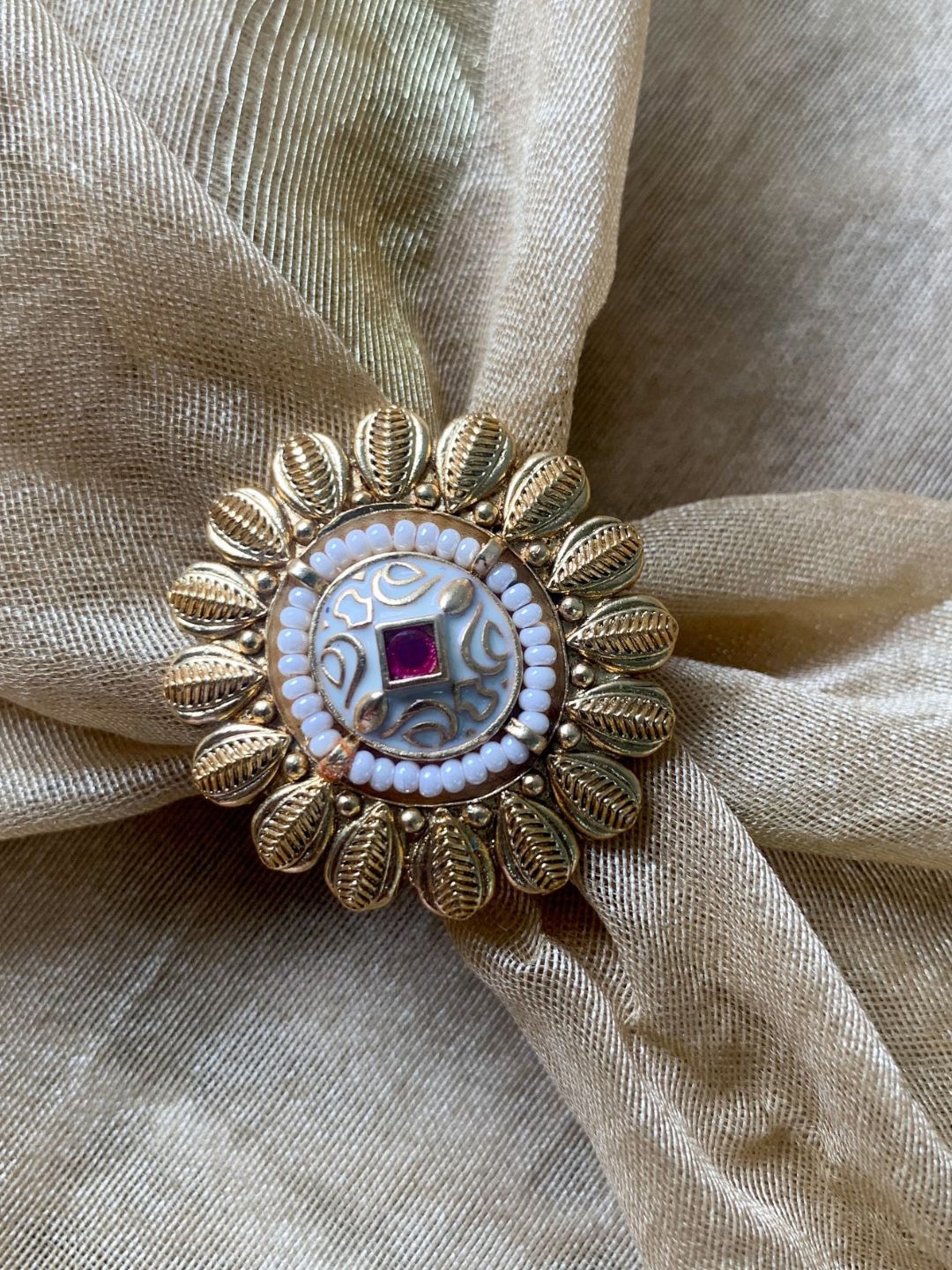 

I Jewels Gold-Plated Stone Studded Pearl Beaded Finger Ring