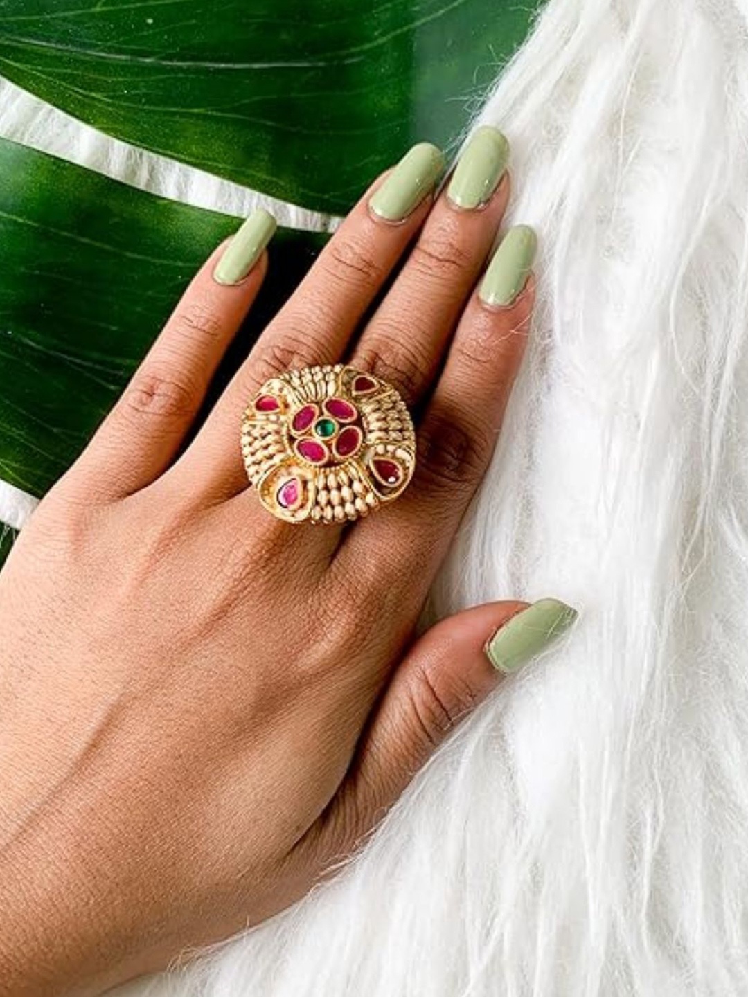 

I Jewels Gold Plated Stones Studded Adjustable Finger Ring