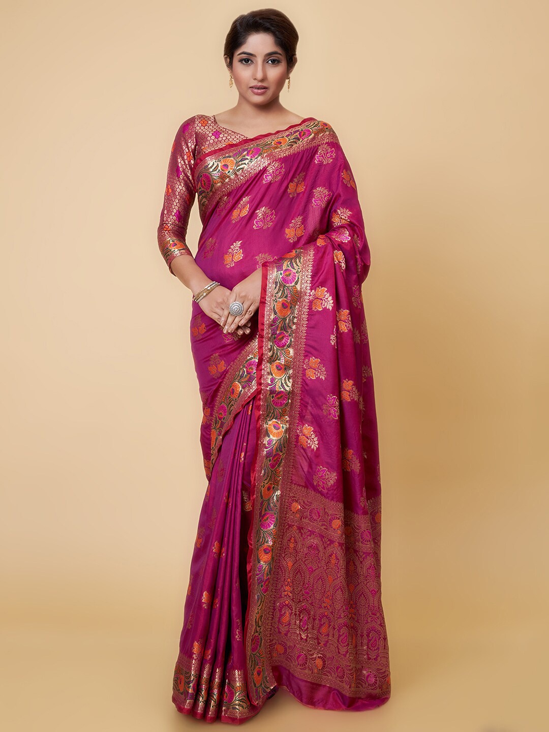 

bansari textiles Floral Woven Design Zari Banarasi Saree, Pink