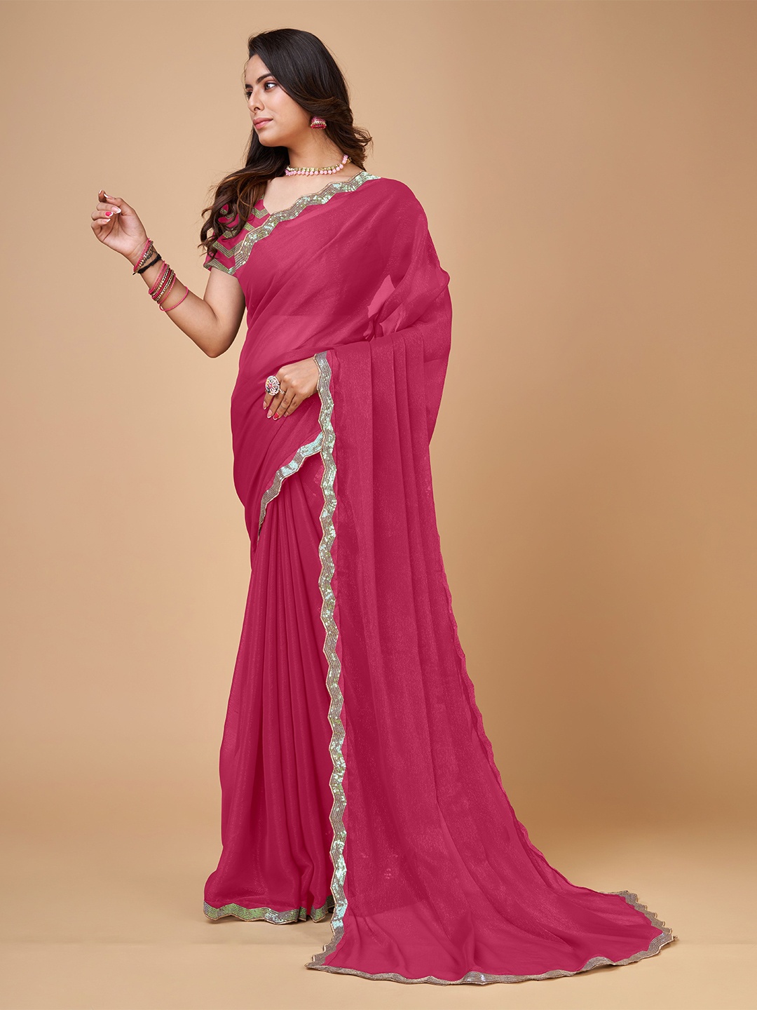 

bansari textiles Embellished Embroidered Pure Georgette Saree, Red