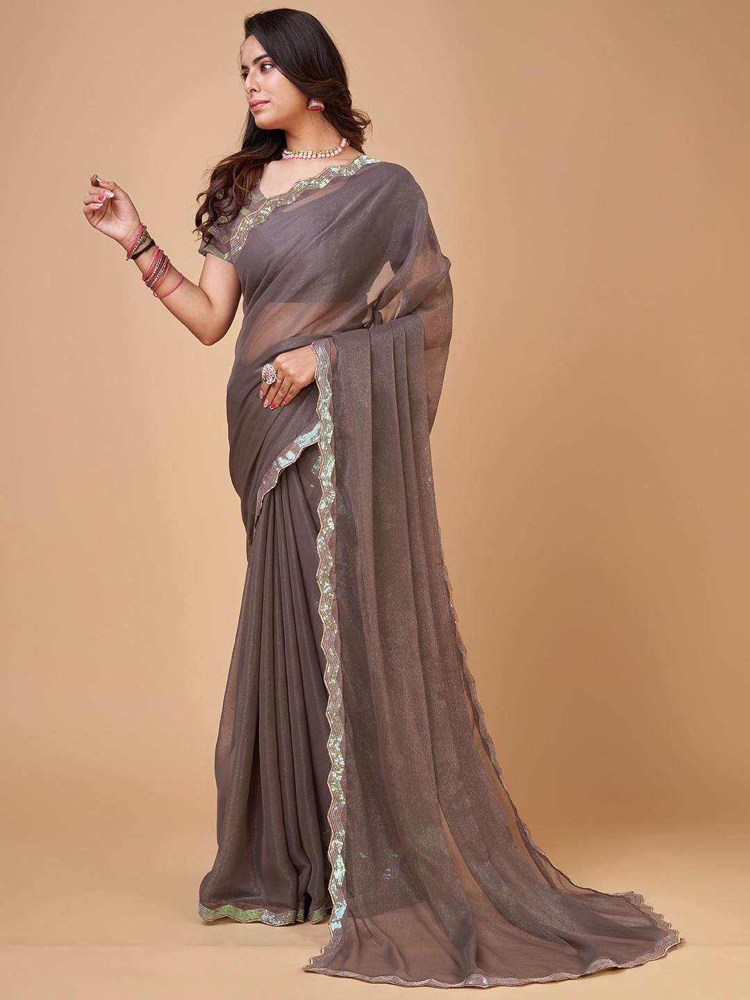 

bansari textiles Woven Design Embroidered Pure Georgette Designer Saree, Silver