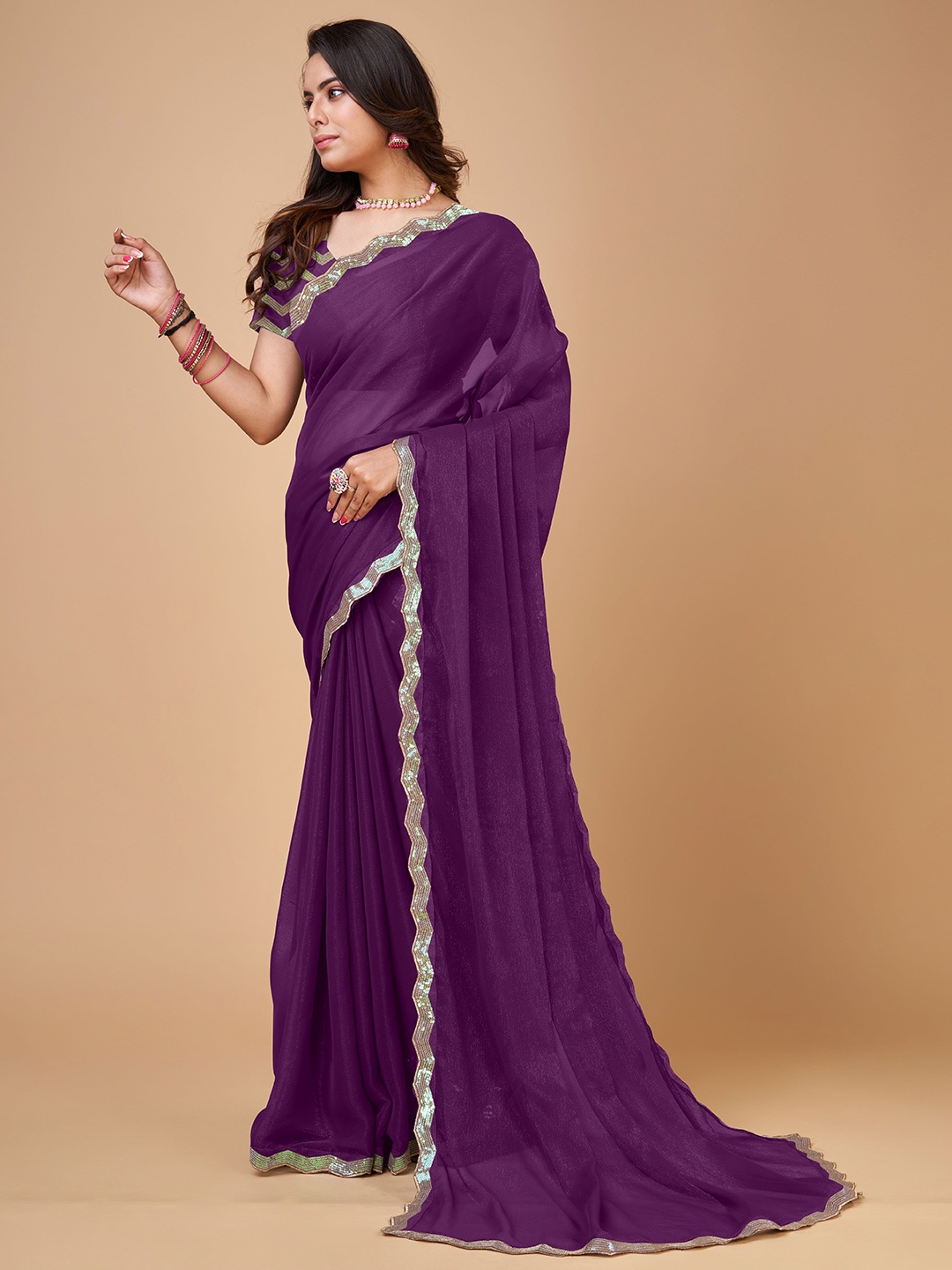 

bansari textiles Sequinned Embroidered Pure Georgette Saree, Purple