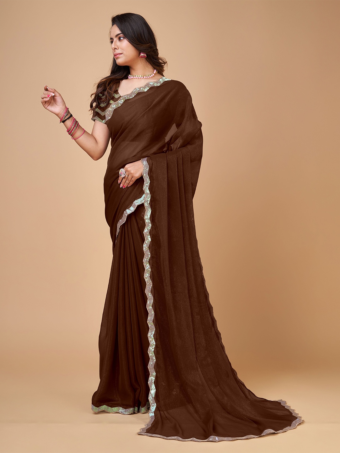 

bansari textiles Sequinned Embroidered Pure Georgette Saree, Brown