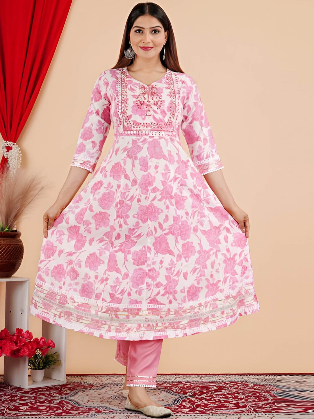 

BAESD Floral Printed Empire Mirror Work Anarkali Kurta With Trousers, Pink