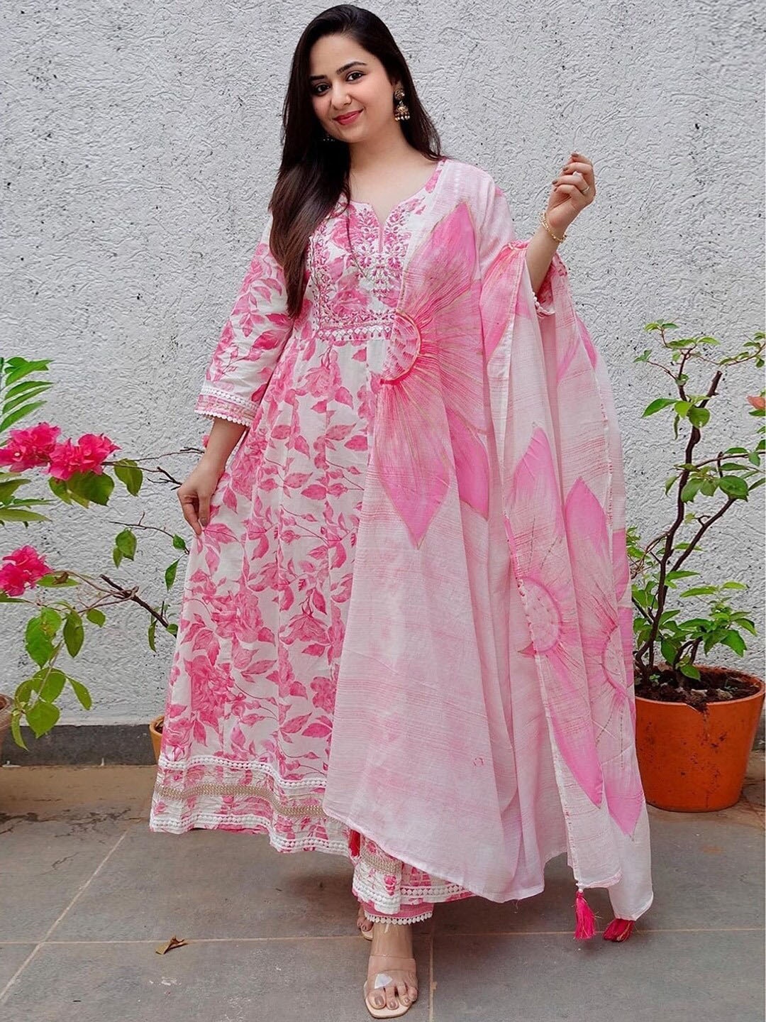 

BAESD Floral Printed Empire Mirror Work Anarkali Kurta With Trousers & Dupatta, Pink