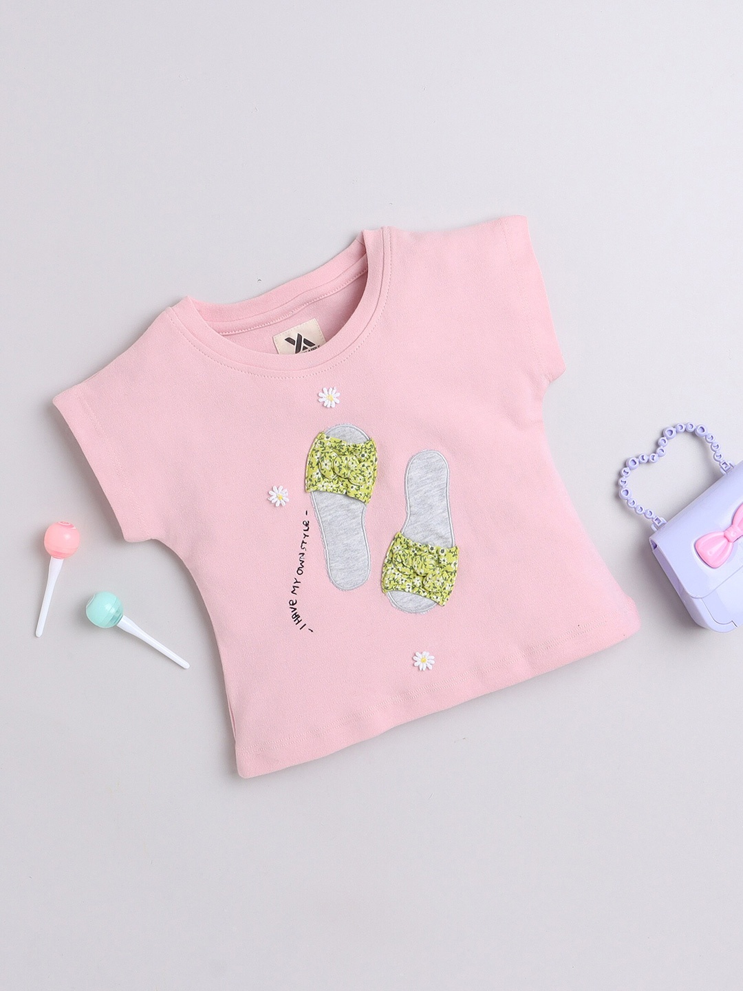 

Yellow Apple Girls Typography Printed Round Neck Extended Sleeves Applique Cotton T-shirt, Peach