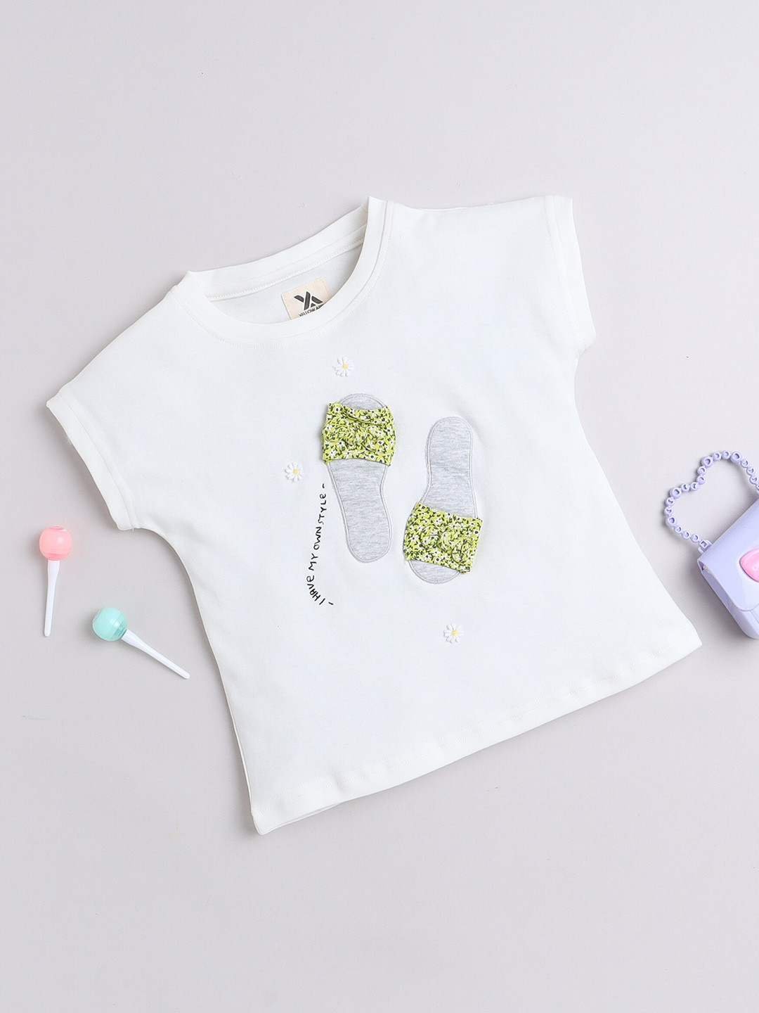 

Yellow Apple Girls Typography Printed Round Neck Extended Sleeves Applique Cotton T-shirt, White