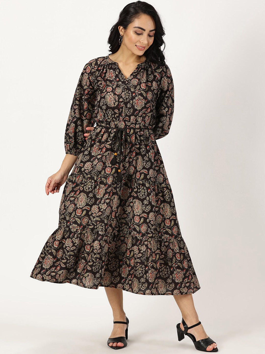 

Saffron Threads Floral Printed Pure Cotton Midi Ethnic Dresses, Black