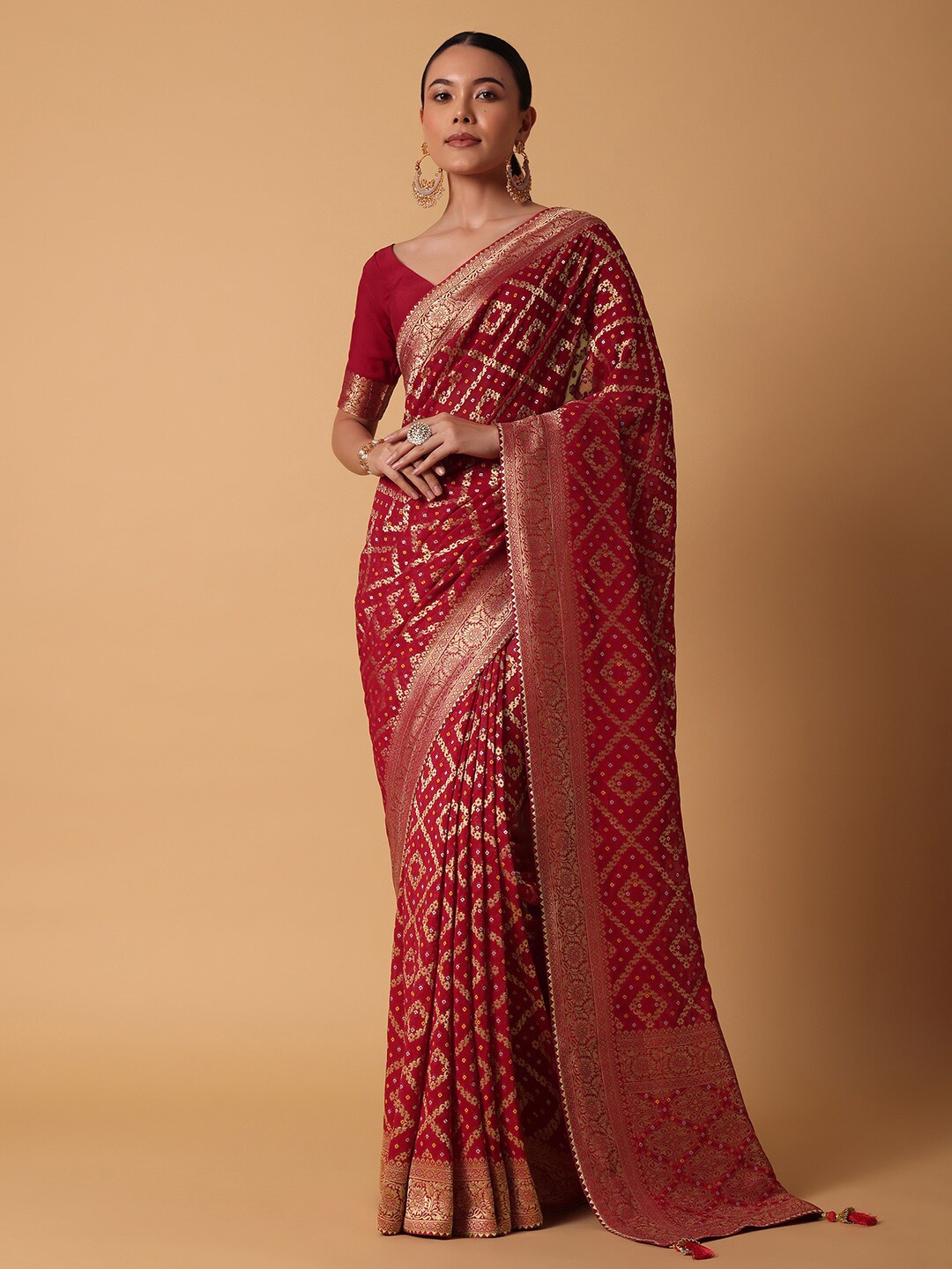 

KALKI Fashion Woven Design Zari Bandhani Saree With Tassels, Red