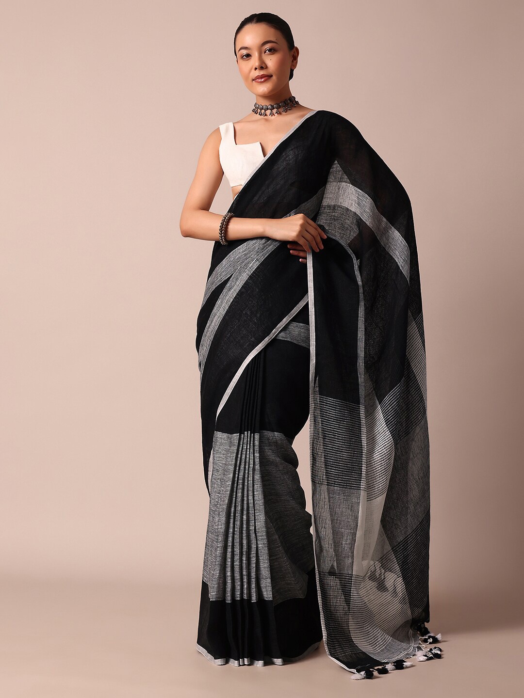

KALKI Fashion Striped Saree With Tassels, Black