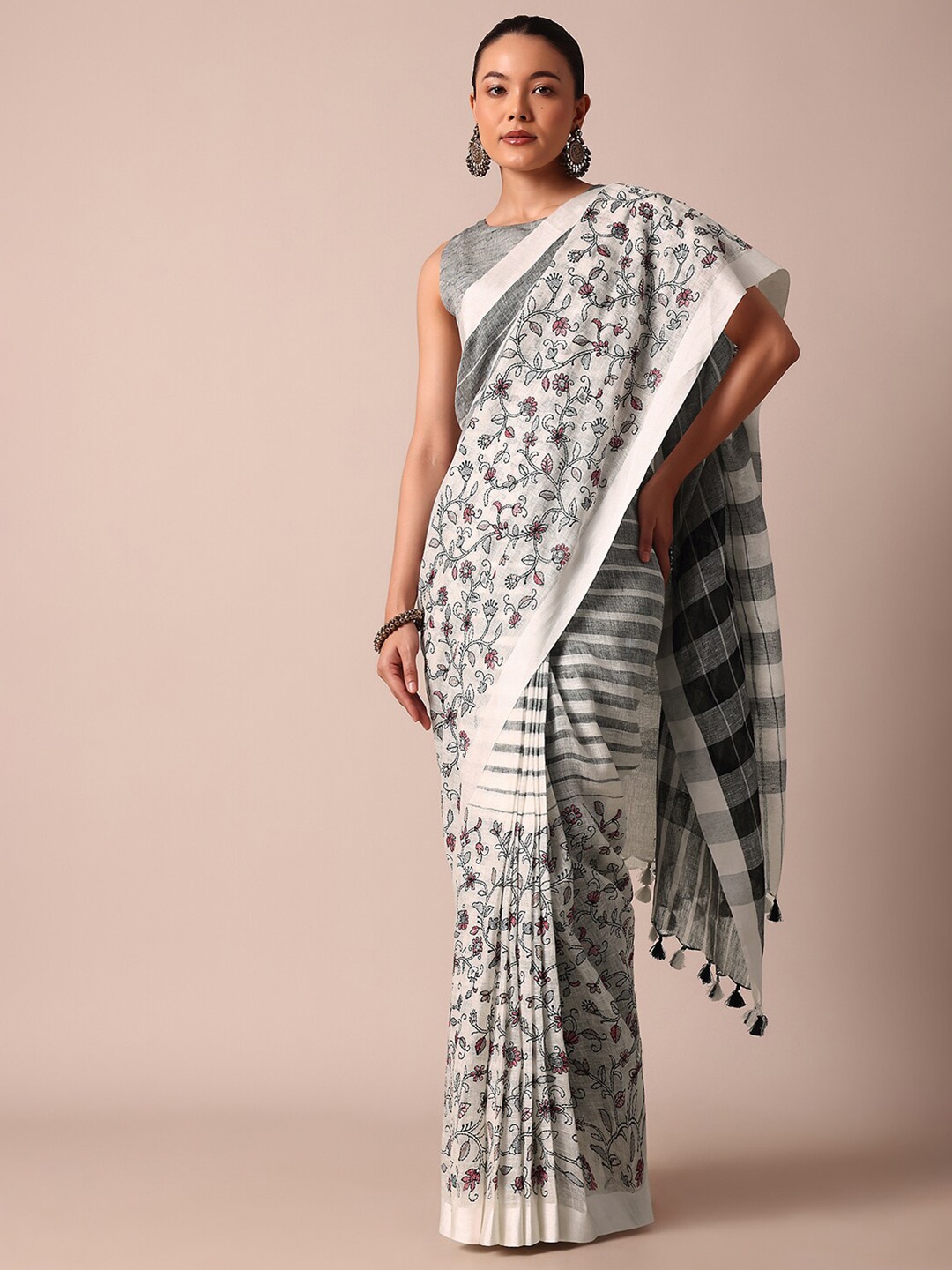 

KALKI Fashion White Cotton Linen Floral Embroidered Saree With Unstitched Blouse Piece