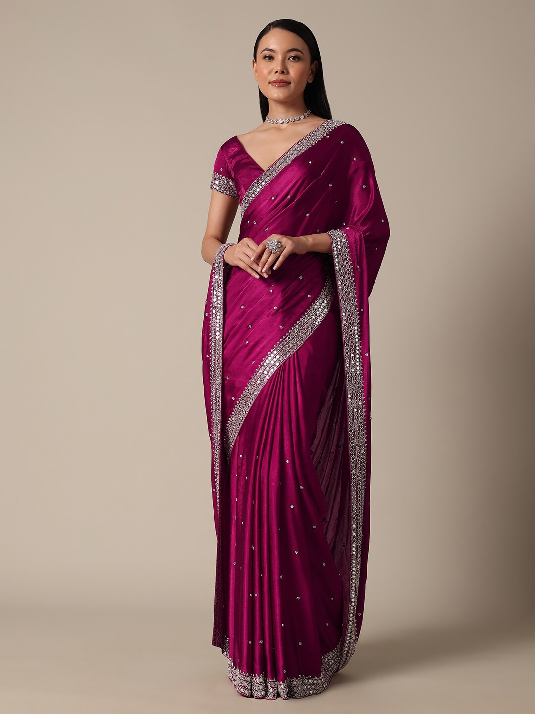 

KALKI Fashion Luxe Wine Saree With Stone Embellishments, Burgundy