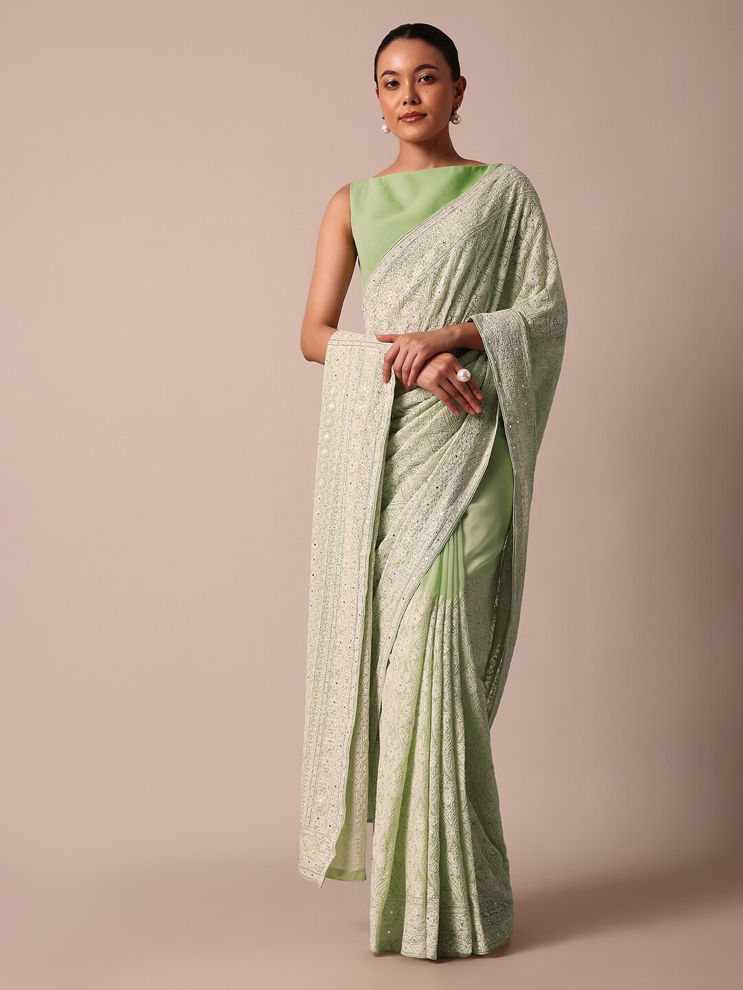 

KALKI Fashion Ethnic Motifs Embroidered Beads & Stones Saree, Green