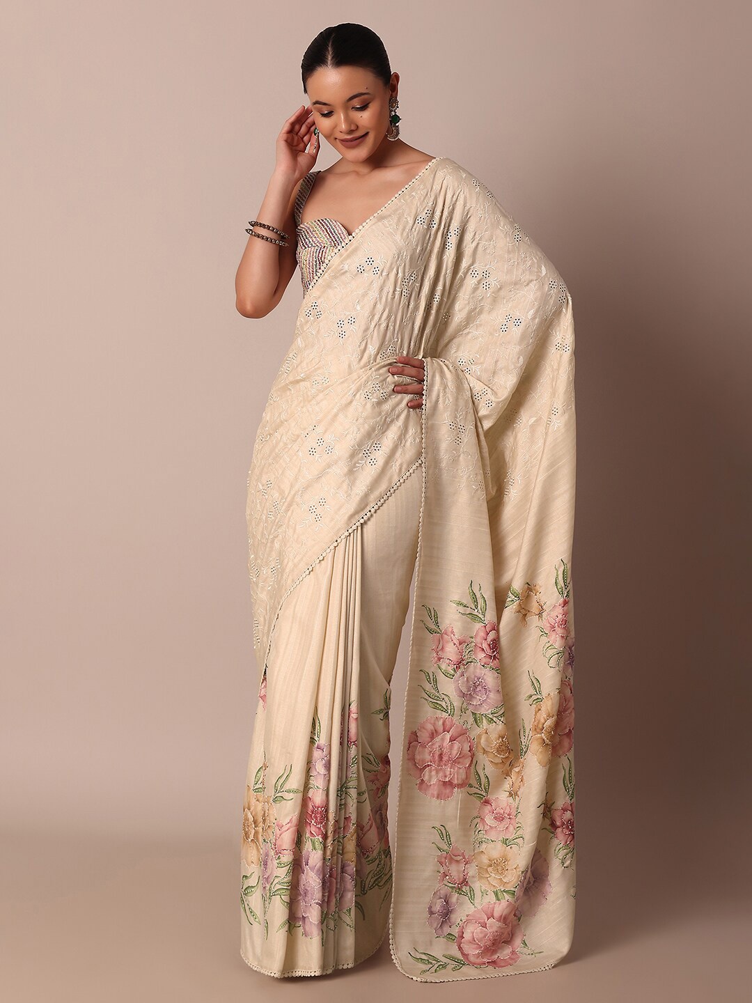 KALKI Fashion Floral Embroidered Saree, White