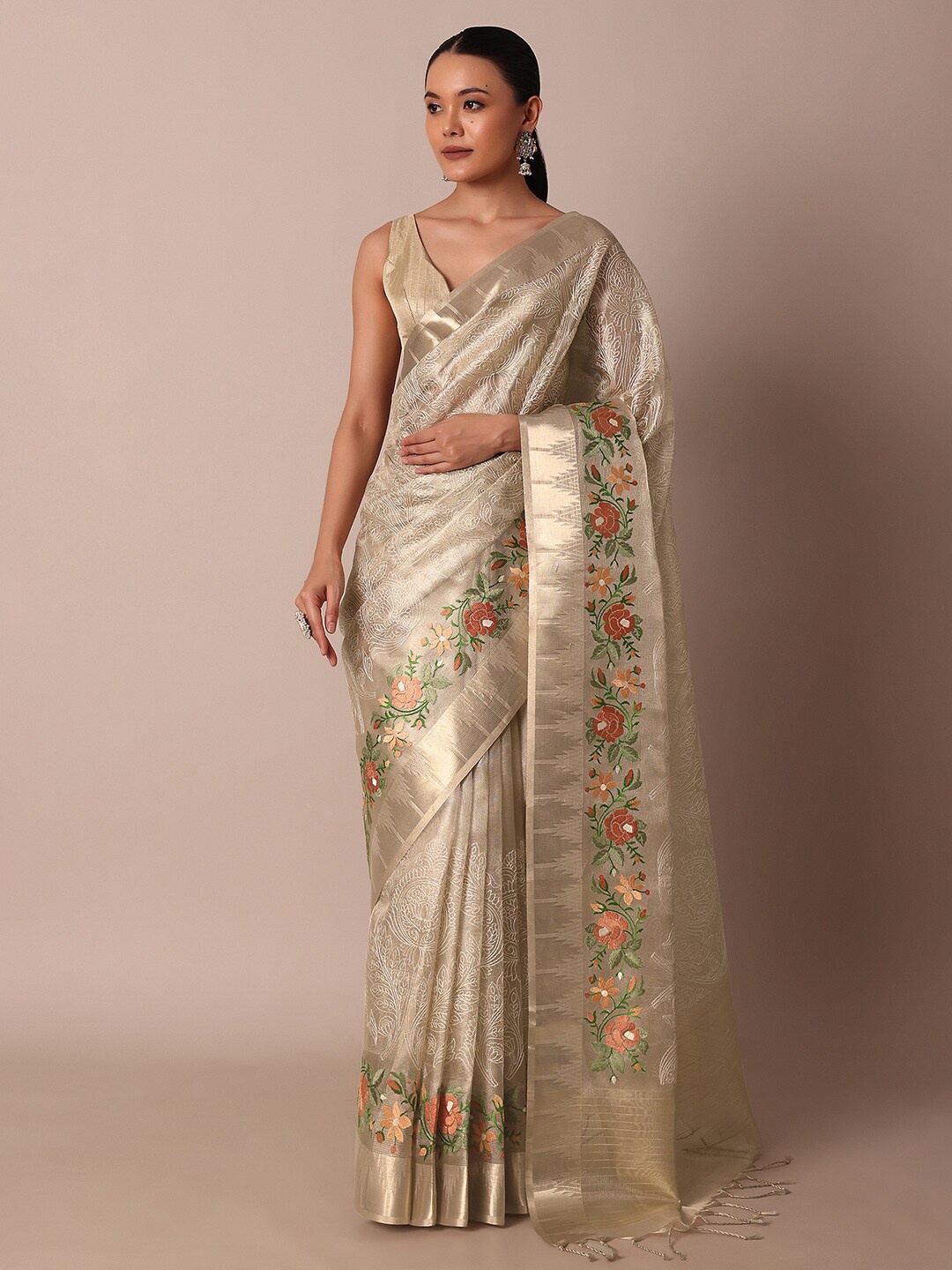 

KALKI Fashion Ethnic Motifs Embroidered Zari Saree, Gold