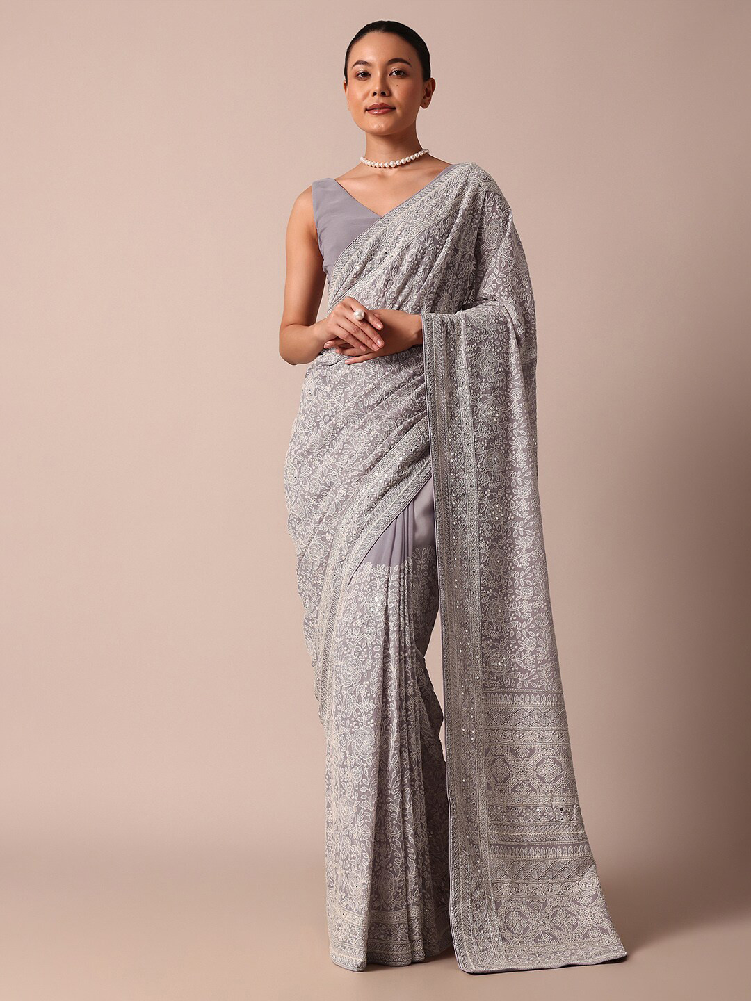 

KALKI Fashion Ethnic Motifs Chikankari Embroidered Saree, Purple