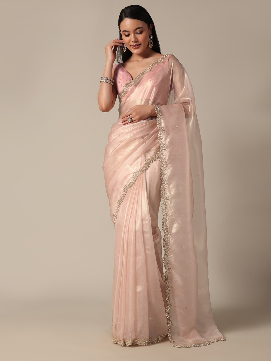 

KALKI Fashion Embellished Beads and Stones Tissue Saree, Peach