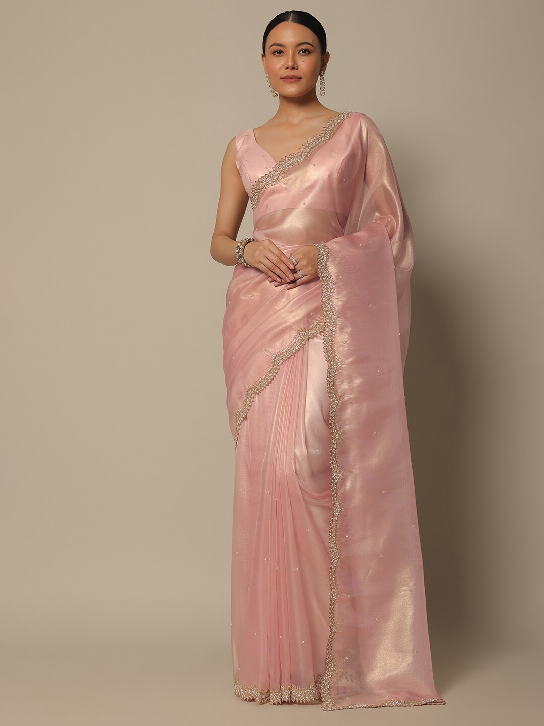 

KALKI Fashion Embellished Beads and Stones Organza Saree, Peach