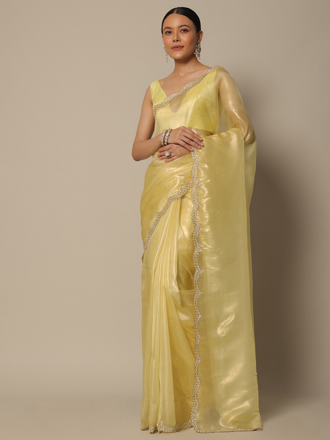 

KALKI Fashion Embellished Beads and Stones Organza Saree, Yellow