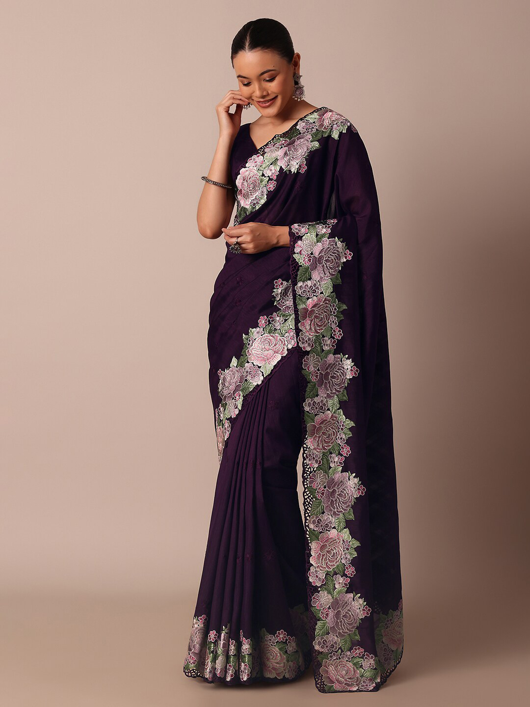 

KALKI Fashion Floral Embroidered Tussar Sarees, Purple