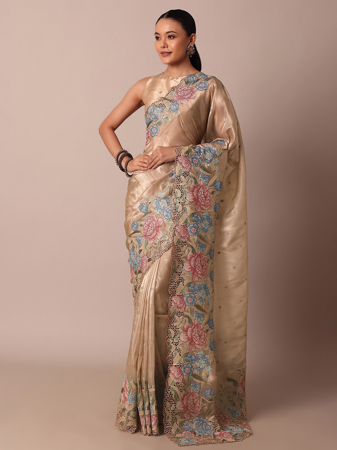 

KALKI Fashion Floral Embroidered Tissue Saree, Beige