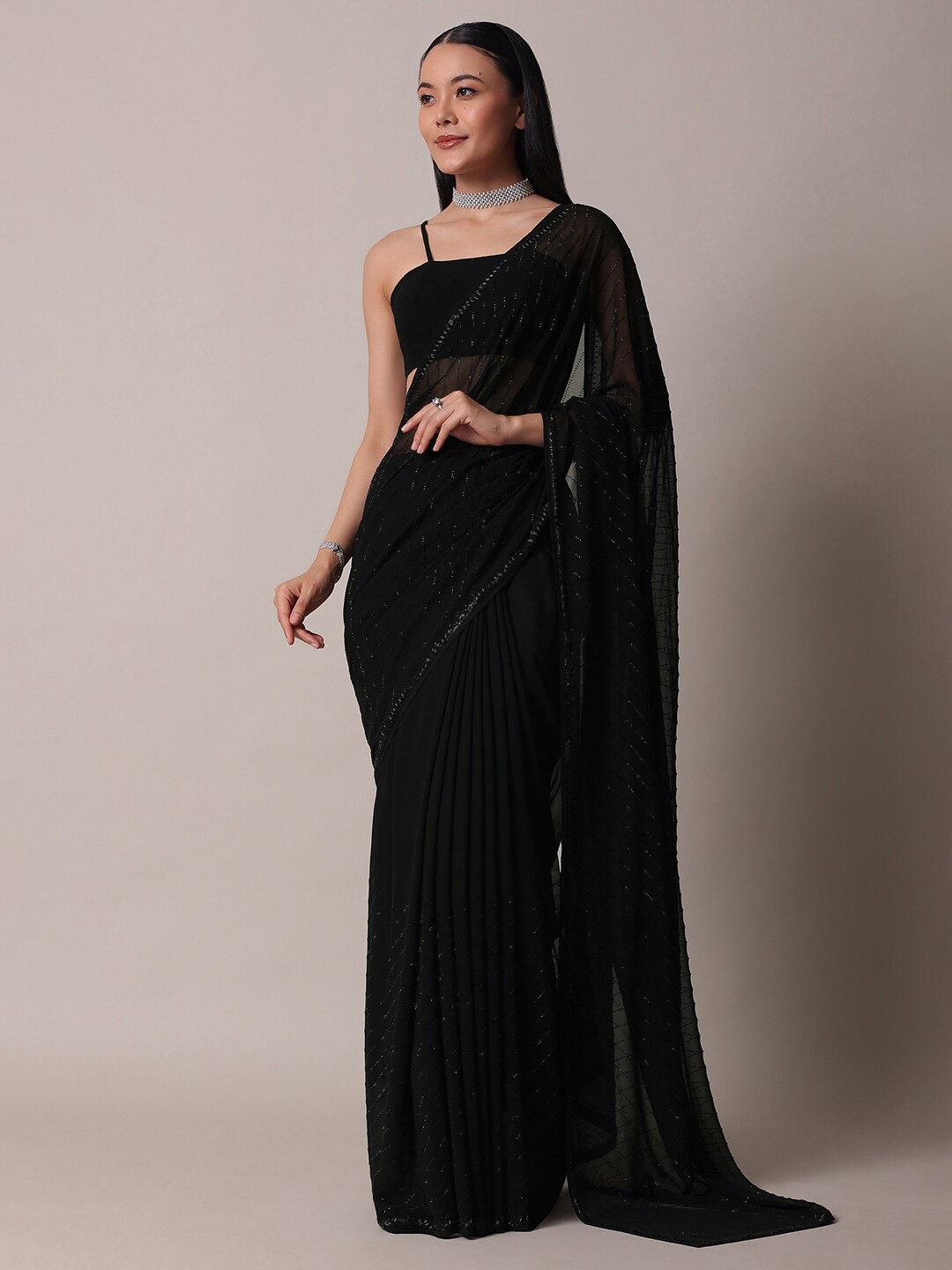 

KALKI Fashion Embellished Beads and Stones Saree, Black