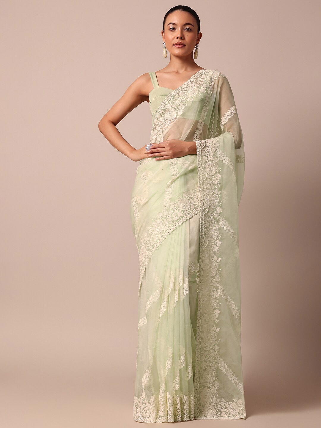 KALKI Fashion Floral Embroidered Organza Sarees, Green