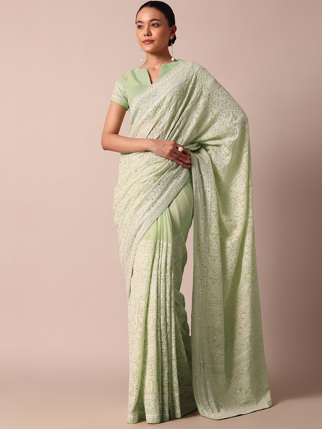 

KALKI Fashion Ethnic Motifs Lucknowi Chikankari Saree, Green