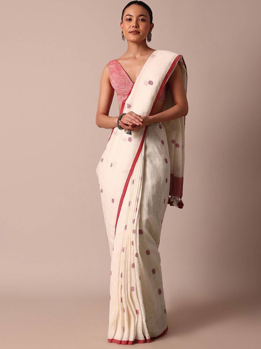 

KALKI Fashion Polka Dot Woven Design Saree, White