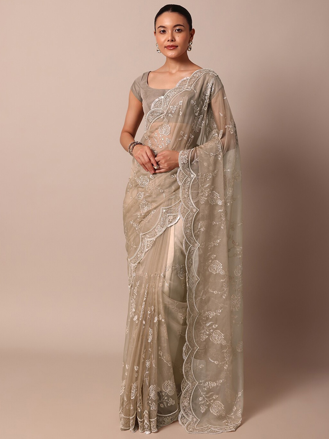 

KALKI Fashion Ethnic Motifs Chikankari Organza Saree, Beige