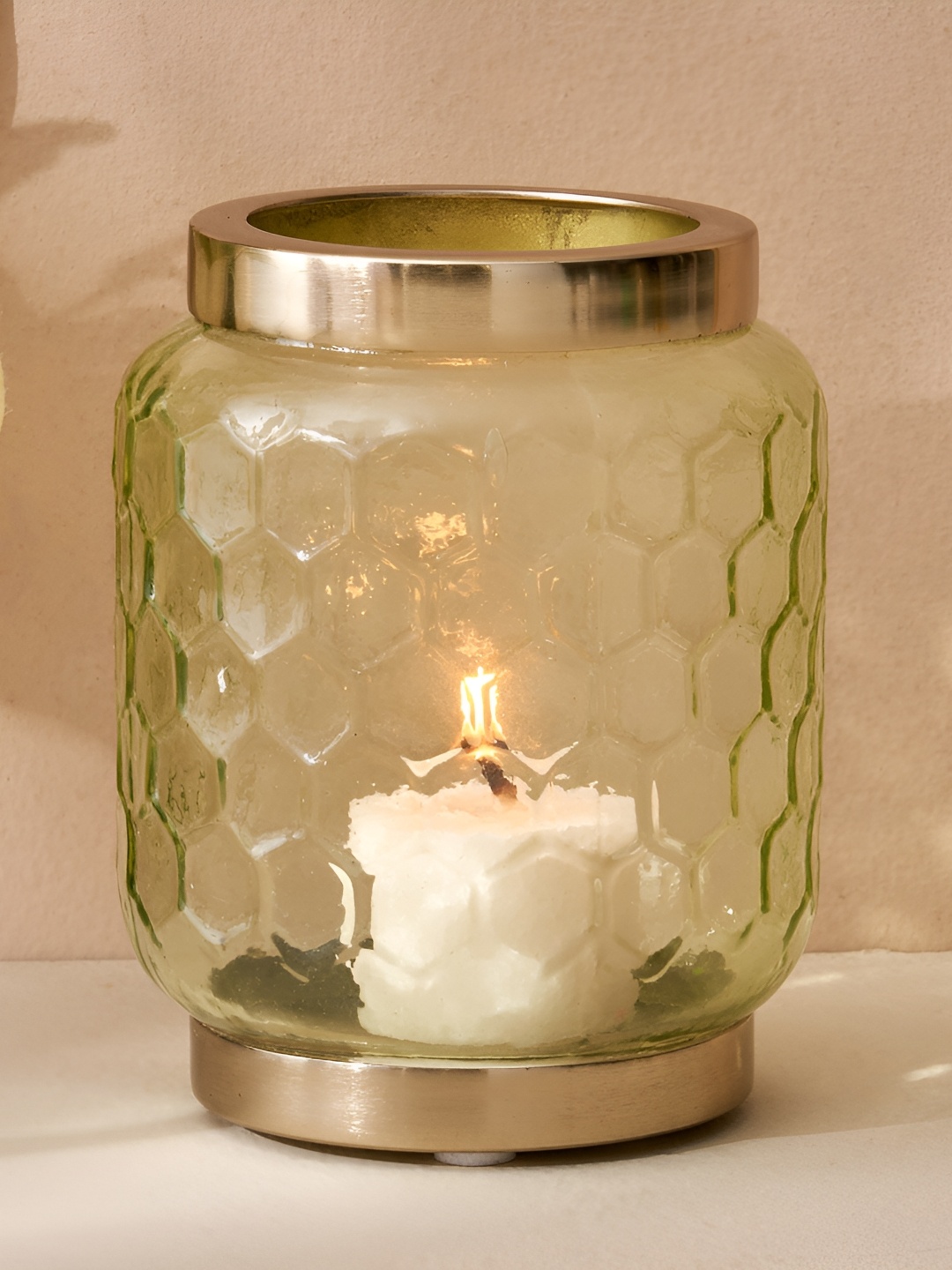 

Home Centre Green & Gold-Toned Glass Honeycomb Votive Holder