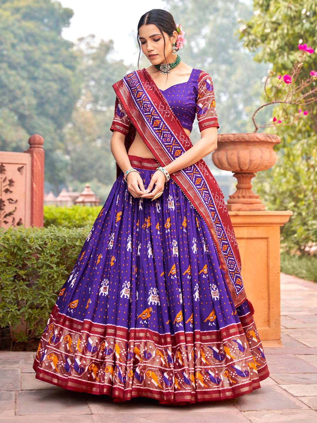 

LOOKNBOOK ART Printed Ikat Semi-Stitched Lehenga & Unstitched Blouse With Dupatta, Purple