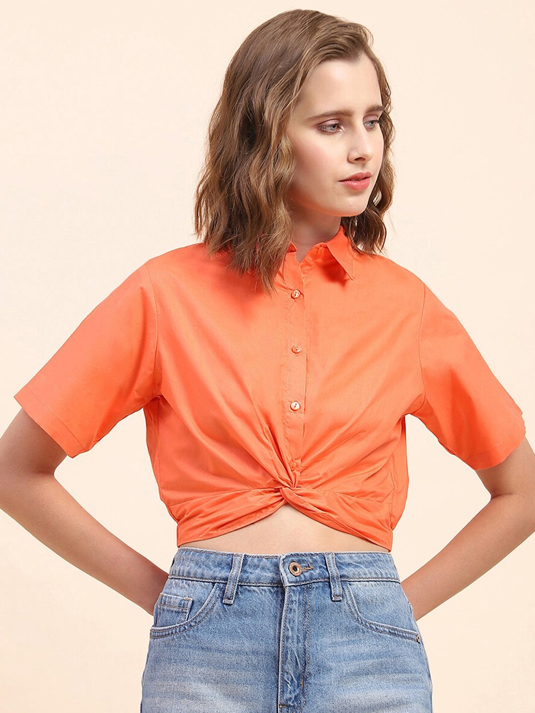 

CAMLA Shirt Collar Short Sleeves Style Cotton Twisted Crop Top, Coral