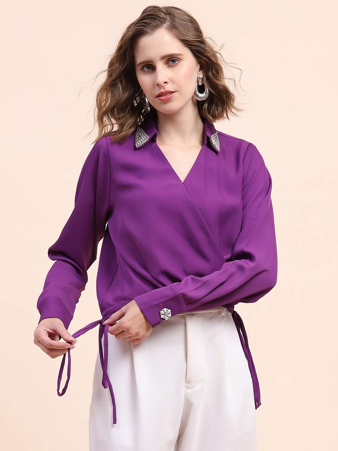 

CAMLA Cuffed Sleeves Shirt Collar Wrap Top, Purple