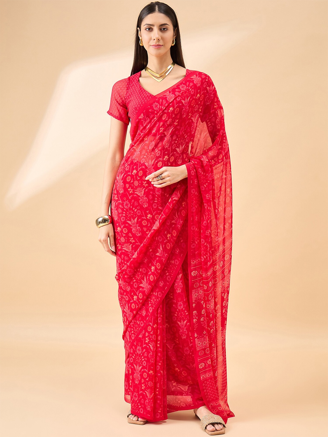 Anouk Floral Printed Saree, Red