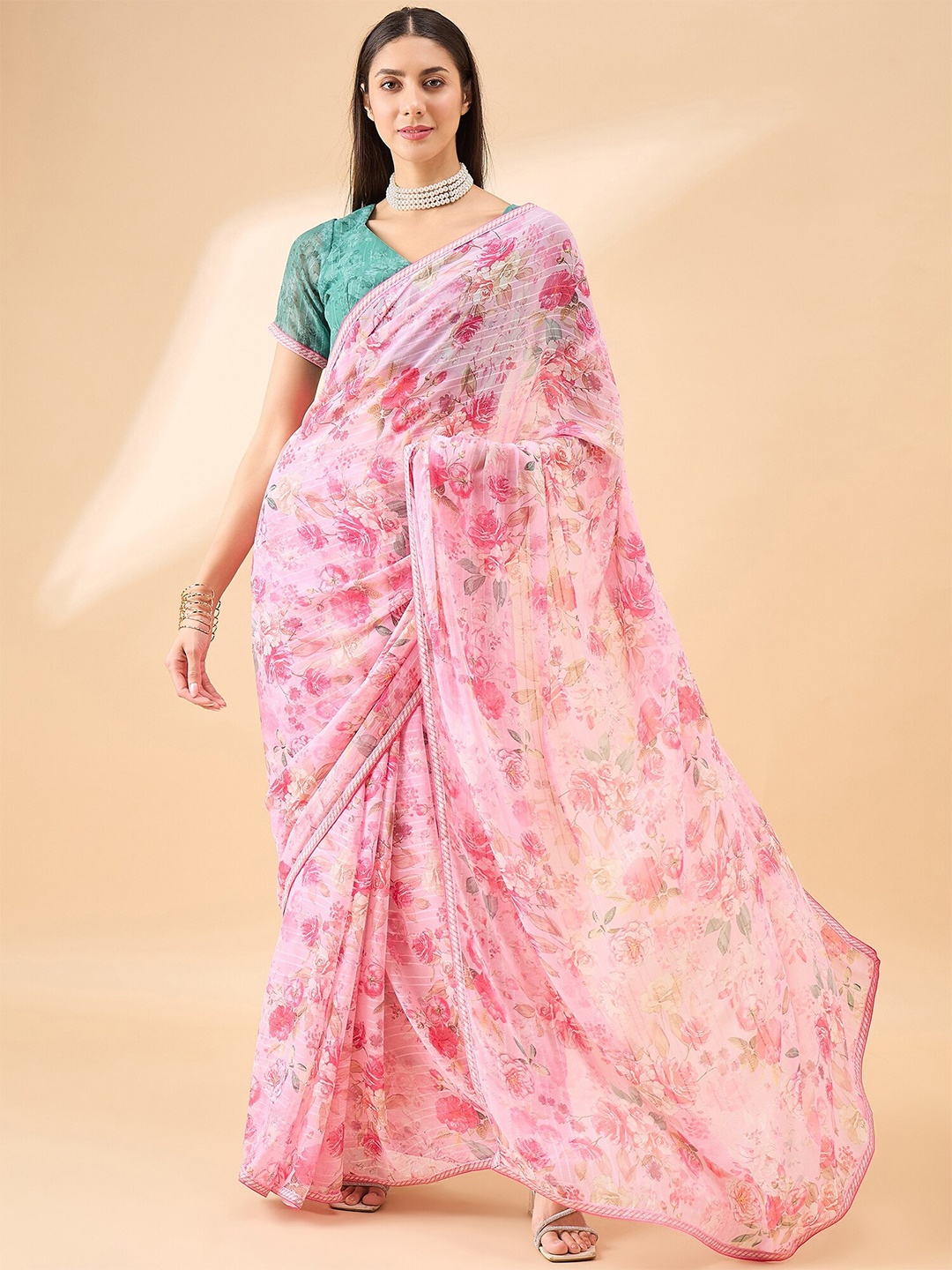 Anouk Floral Printed Saree, Pink